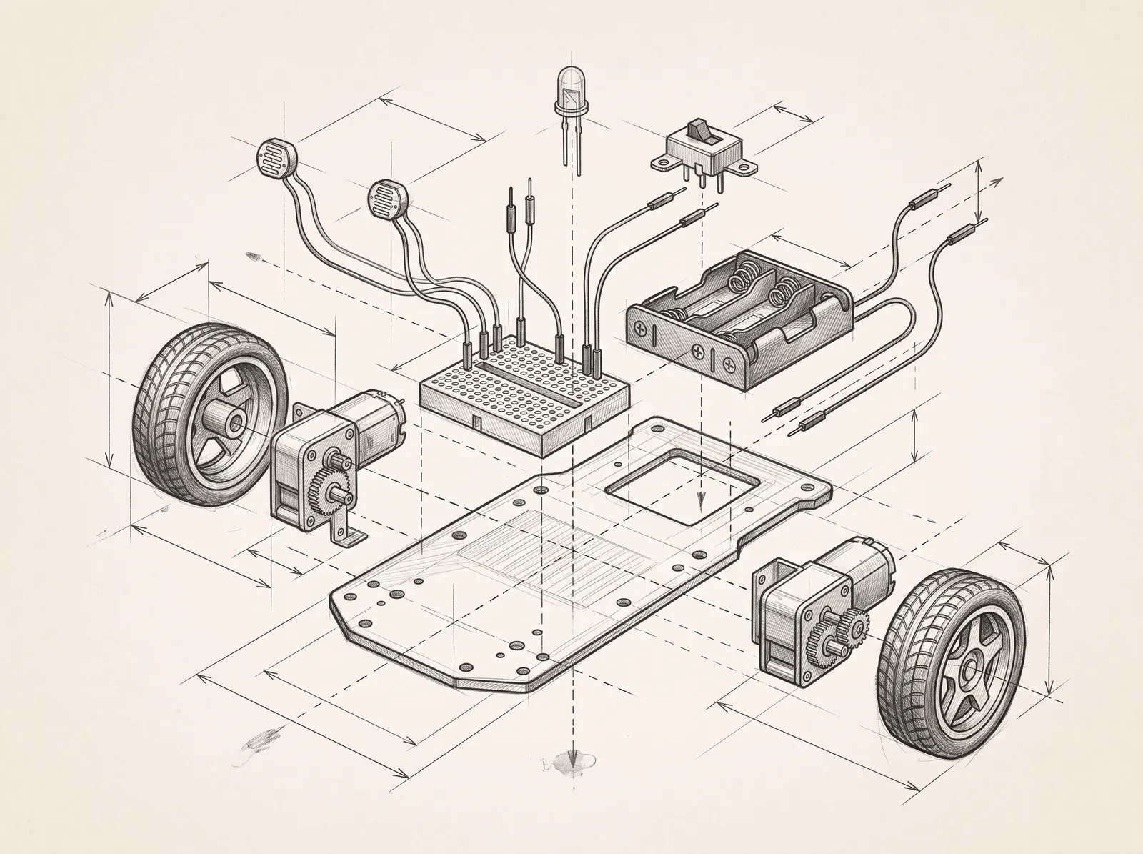 Pencil blueprint sketch for Young Makers (Grades 3–5): Light-Seeking Robot Car