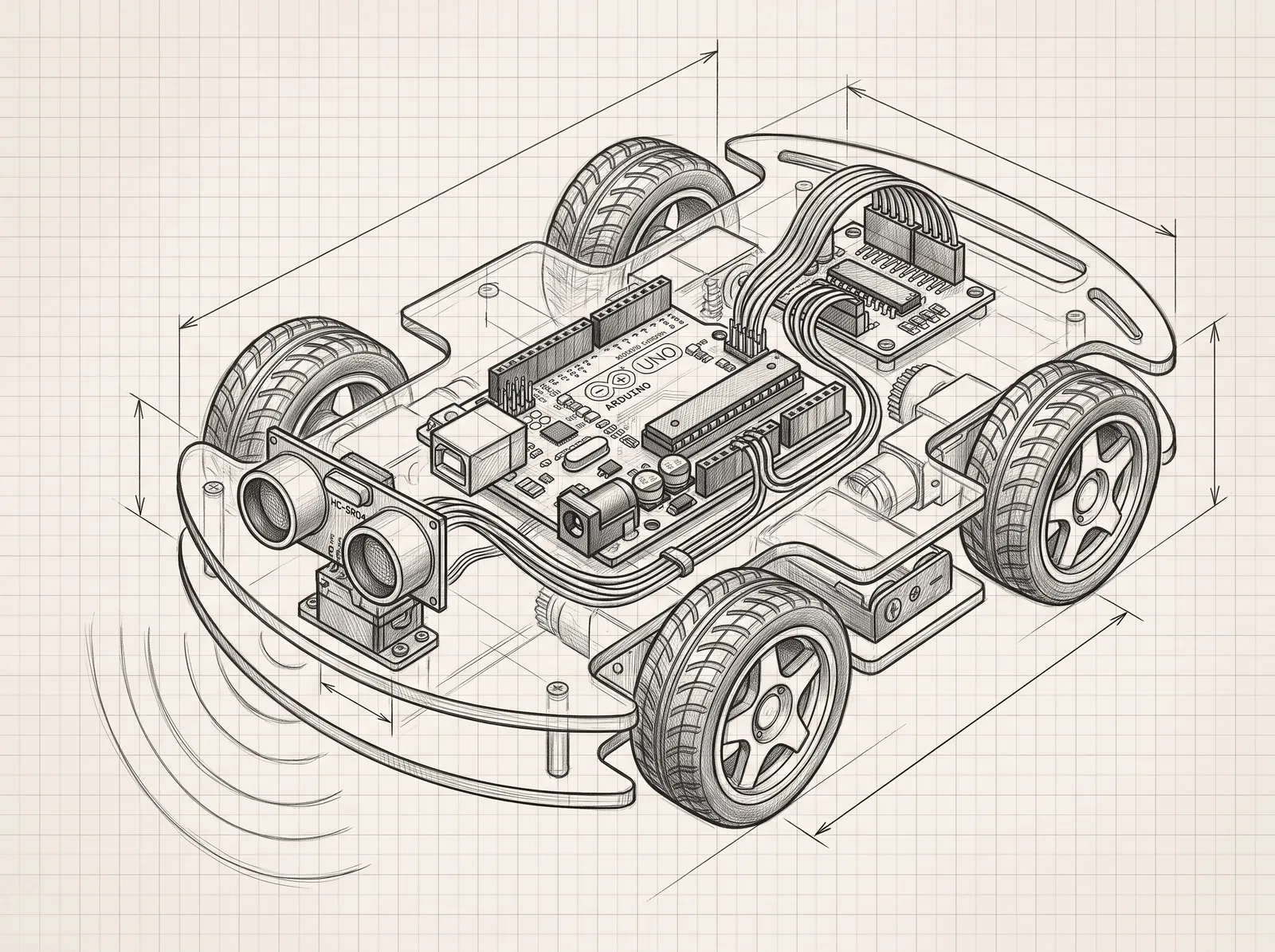 Pencil blueprint sketch for Robo Engineers (Grades 6–8): Smart Obstacle-Avoiding Robot Car (Arduino)