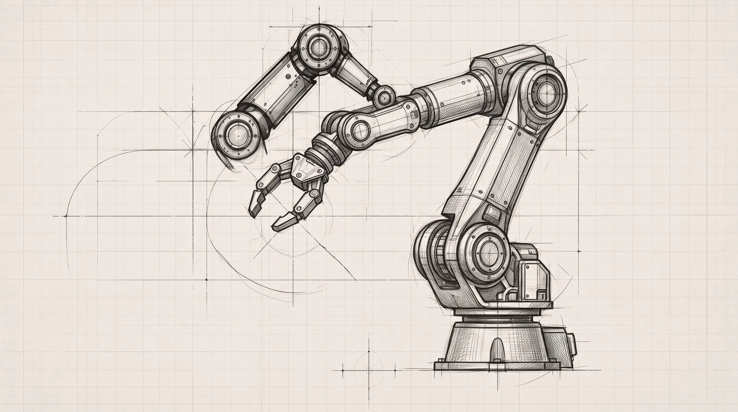 Pencil sketch of a six-axis robotic arm drawn on warm engineering paper