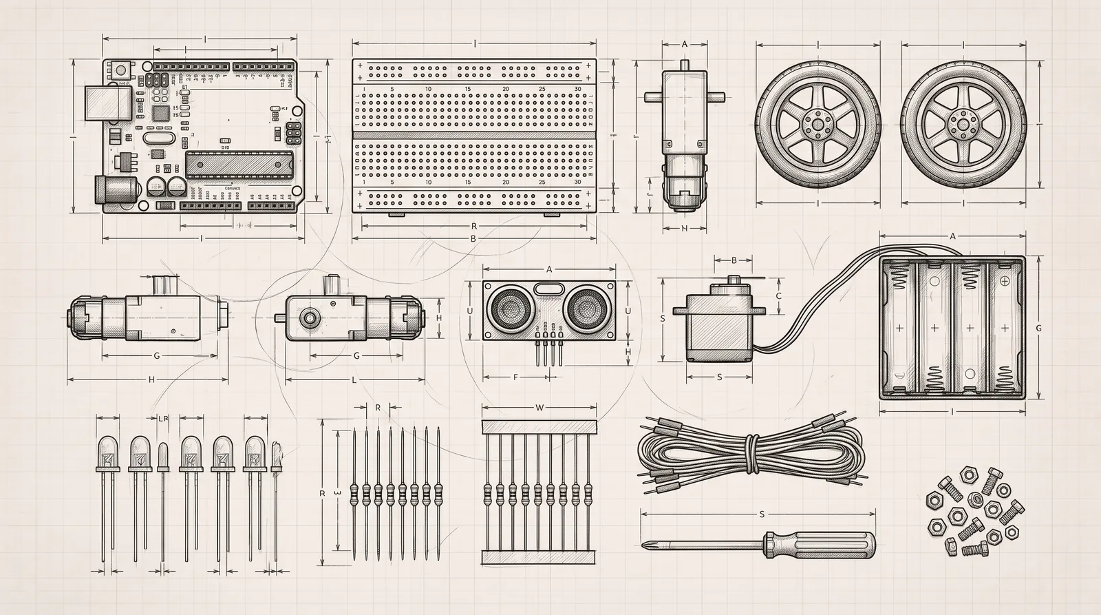 Pencil blueprint sketch of robotics kit components laid out in a grid: a microcontroller board, breadboard, geared motors, wheels, ultrasonic sensor, servo, battery holder, LEDs, resistors, jumper wires, a screwdriver and screws.