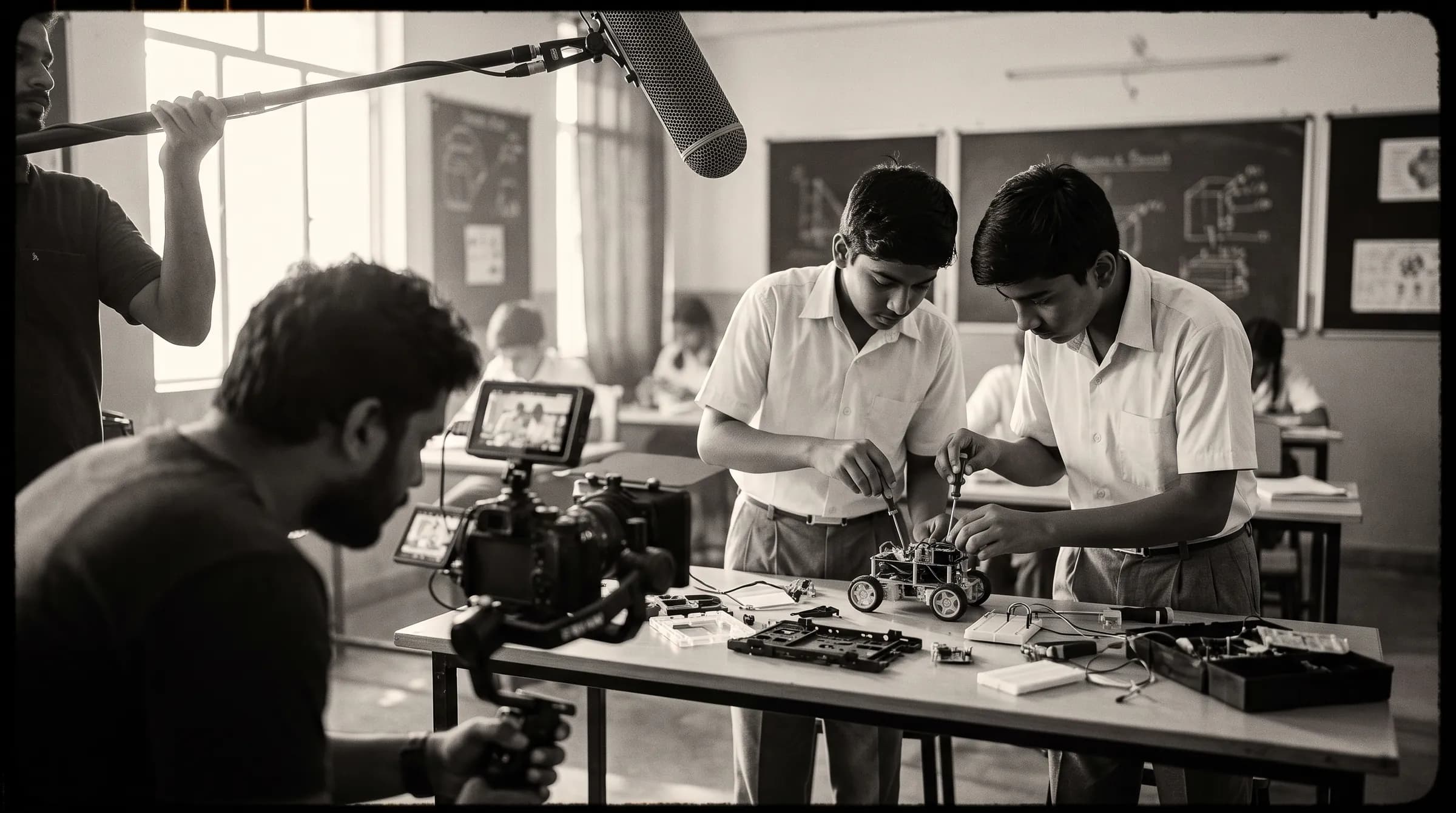 Black-and-white illustration of a film crew recording students as they build robots
