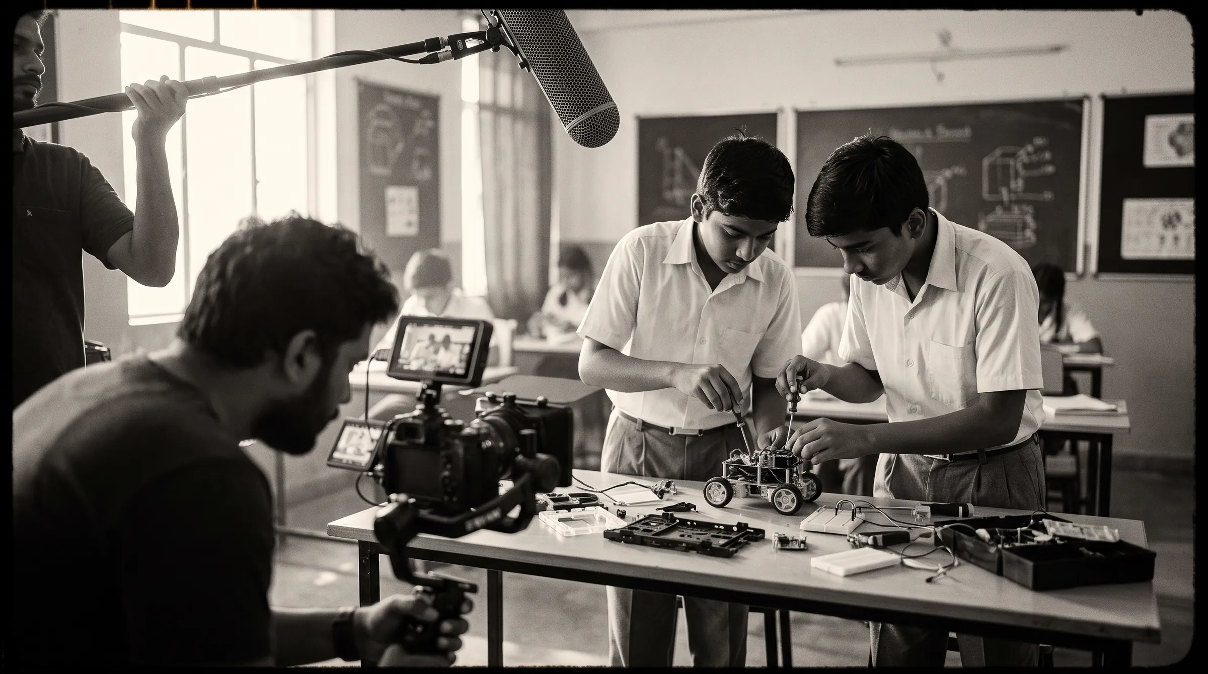Black-and-white illustration of a film crew filming students as they build robots at a classroom table